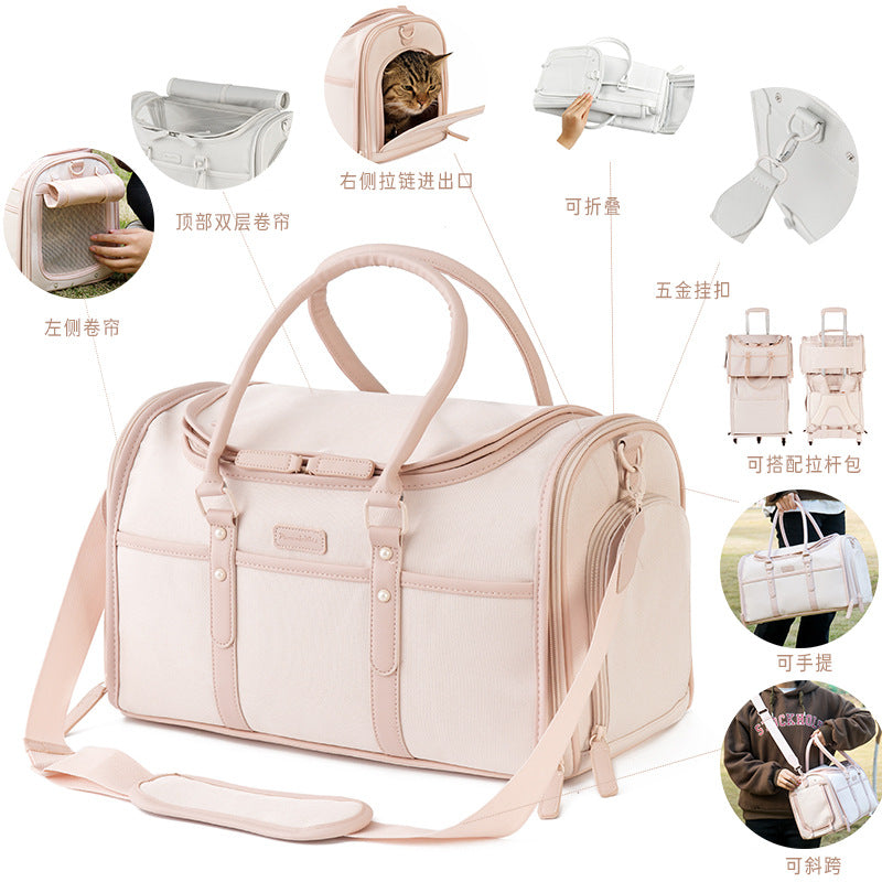 New Pink High-End Pet Portable Cat Bag Leather Portable Pet Bag Breathable Foldable Pet Outing