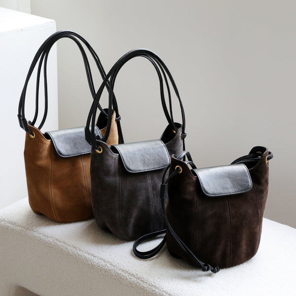 Frosted Genuine Leather Bucket Bag For Women Crossbody Bag