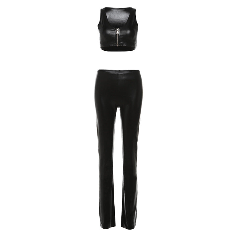 Summer New Women's Zipper Navel Pu Vest High Waist Sheath Casual Pants Suit Women