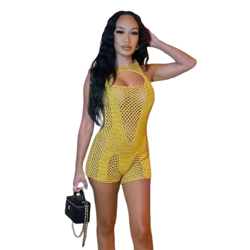 Europe and America2023Summer New Women's Sexy Hollow-out Sheath Low Collar Tight Knitted High Waist Casual One-Piece Shorts