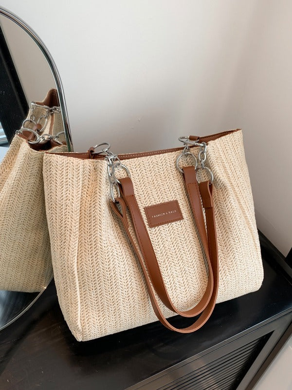 New Zipper Letter Splicing Bucket One-Shoulder Tote Bag Summer Seaside Vacation Weaving Straw Women's Bag