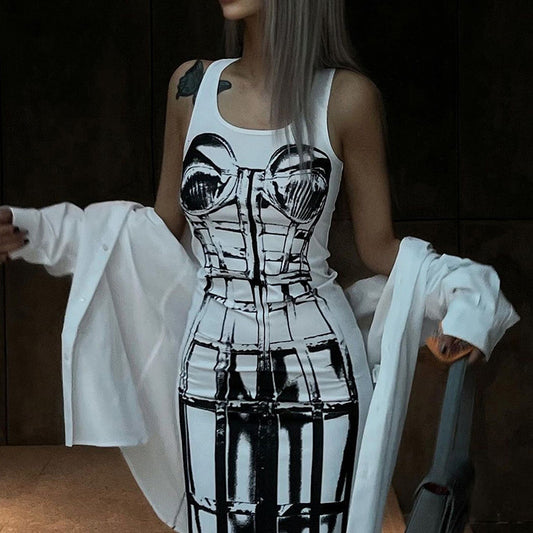 2024 Summer New Fashion Sexy Sleeveless Skinny Slimming Digital Printing Vest Dress