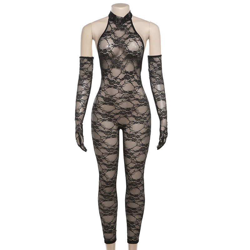 2024 Summer New Women's Clothing Fashion Halter Sexy Backless See-through Mesh Slim Fit Jumpsuit