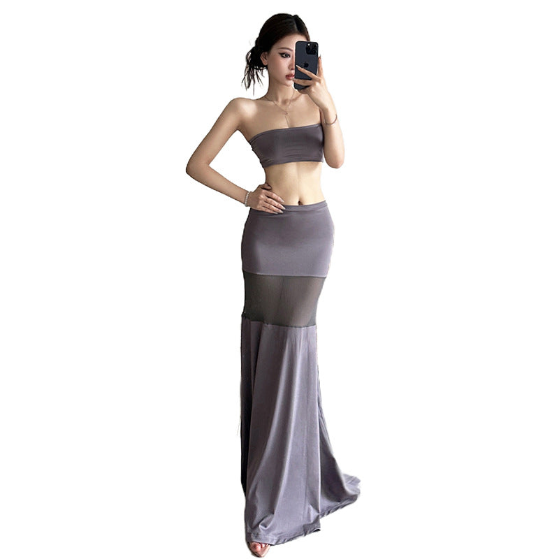 2024 Summer New Hot Girl Exposed Navel Tube Top High Waist See-through Slim-Fit Fishtail Skirt Suit