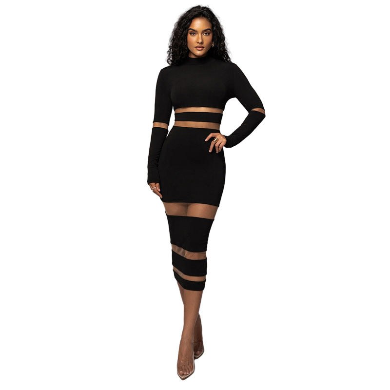 Fall Women's Clothing New Sexy Mesh Stitching High Collar High Waist Slim Fit Long Dress