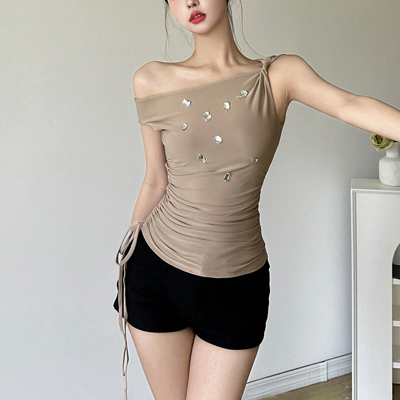 2024 Summer New Fashion Hot Girl Sexy off-Shoulder Slim Slimming Rhinestone Printed Top for Women