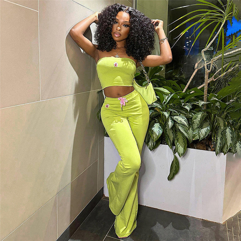 2024 Summer New Sexy Hot Girl Tube Top Embroidered High Waist Slim Fit Bell-Bottom Pants Suit Women