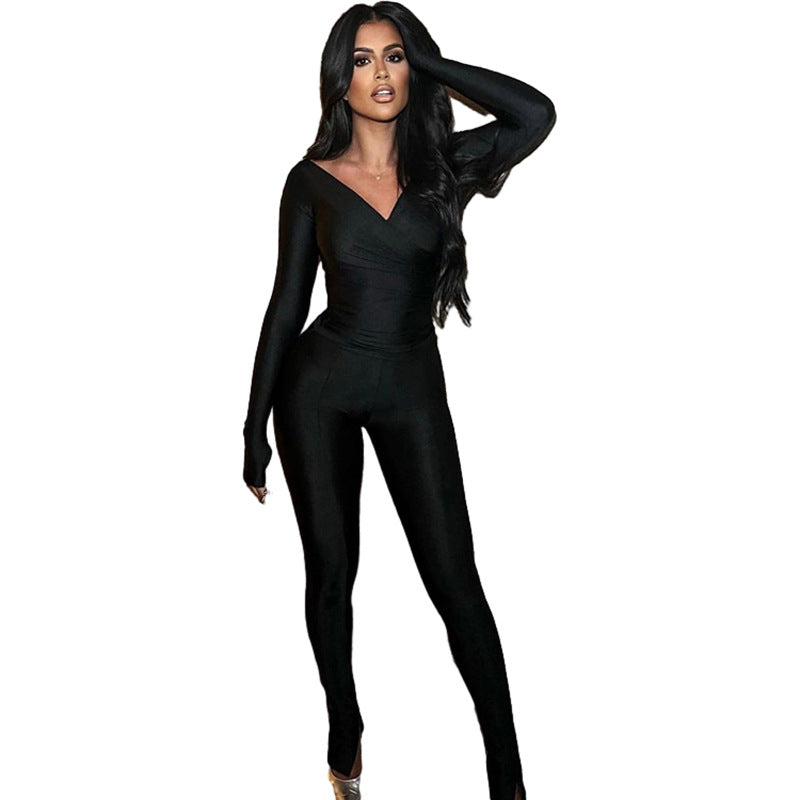 Fall Women's Clothing New Sexy off-the-Shoulder Large V-neck High Waist Tight Trousers Leisure Sports Suit