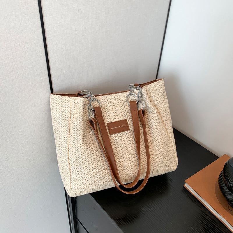 New Zipper Letter Splicing Bucket One-Shoulder Tote Bag Summer Seaside Vacation Weaving Straw Women's Bag