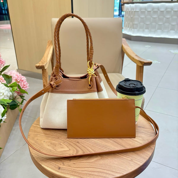 Leather Parachute Bag Cowhide With Canvas Handbag Fashion Commuter Women Bag