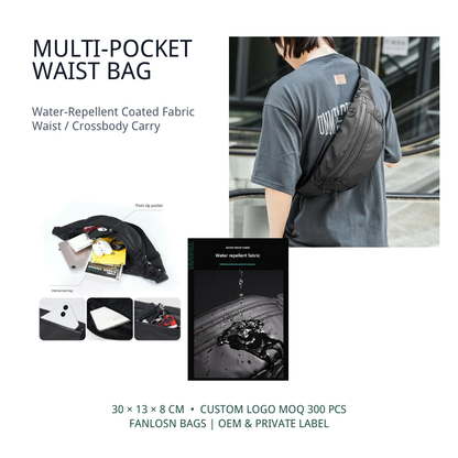 men's waist pack with organized main compartment for phone power bank wallet watch and personal it