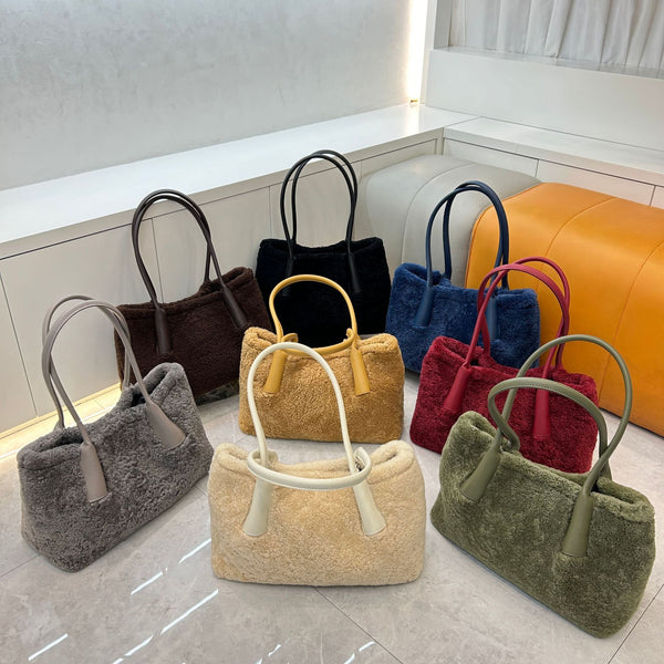 Borsa a mano grande e nuova da donna, in lana di agnello intrecciata, borsa da pendolare sottobraccio