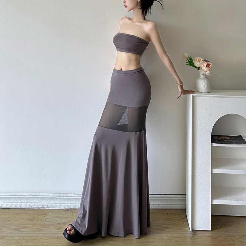 2024 Summer New Hot Girl Exposed Navel Tube Top High Waist See-through Slim-Fit Fishtail Skirt Suit