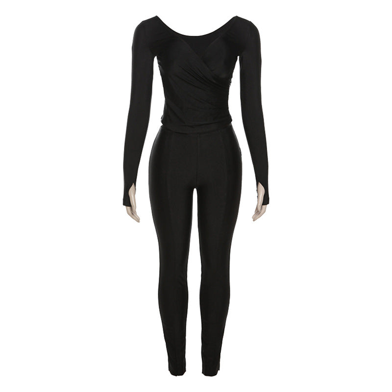 Fall Women's Clothing New Sexy off-the-Shoulder Large V-neck High Waist Tight Trousers Leisure Sports Suit