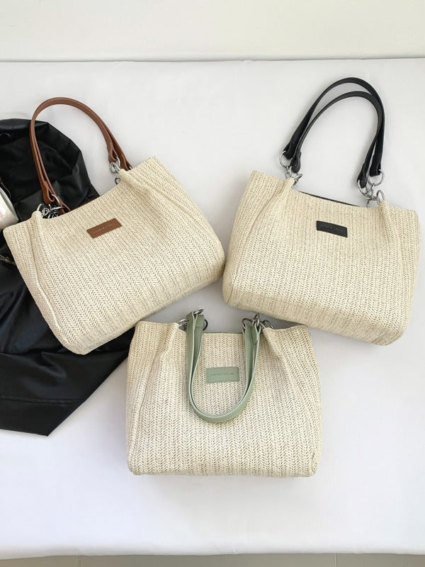 New Zipper Letter Splicing Bucket One-Shoulder Tote Bag Summer Seaside Vacation Weaving Straw Women's Bag