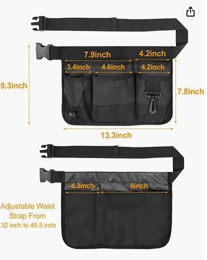 adjustable garden tool belt dimension chart with 32 to 46.5 inch waist strap and multi-pocket front and back layout