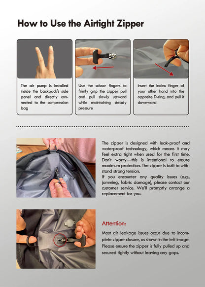 airtight zipper design for vacuum compression travel backpack