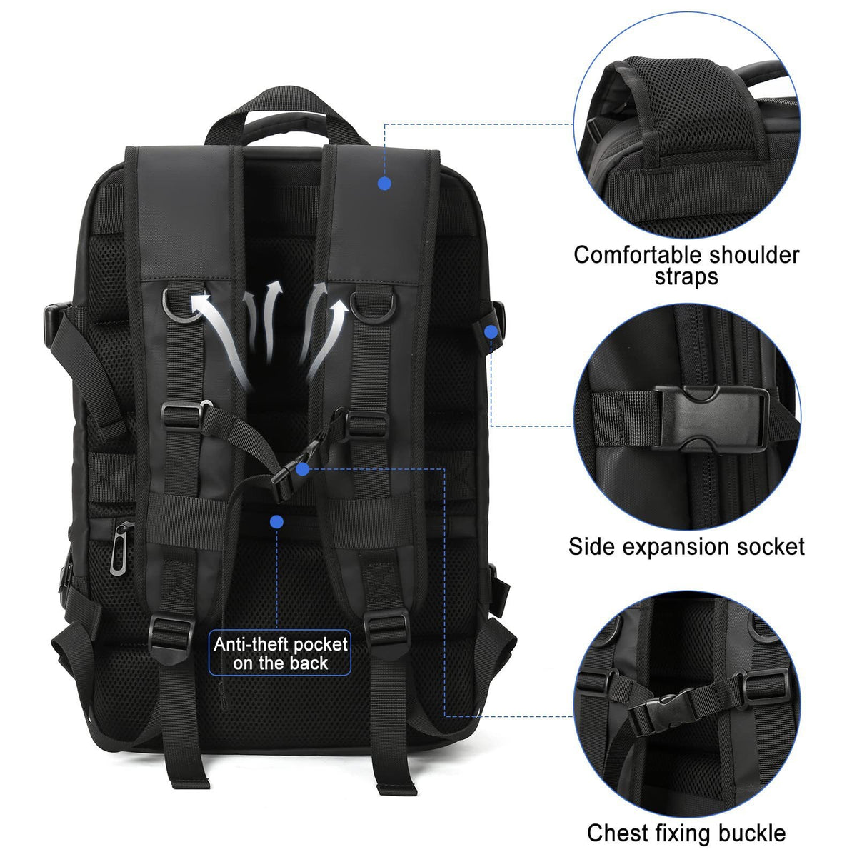 anti theft travel backpack with padded shoulder straps chest fixing buckle and rear security pocket