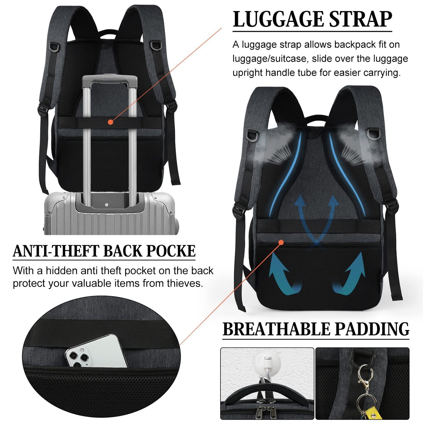 anti theft travel backpack with luggage sleeve and breathable padded back support