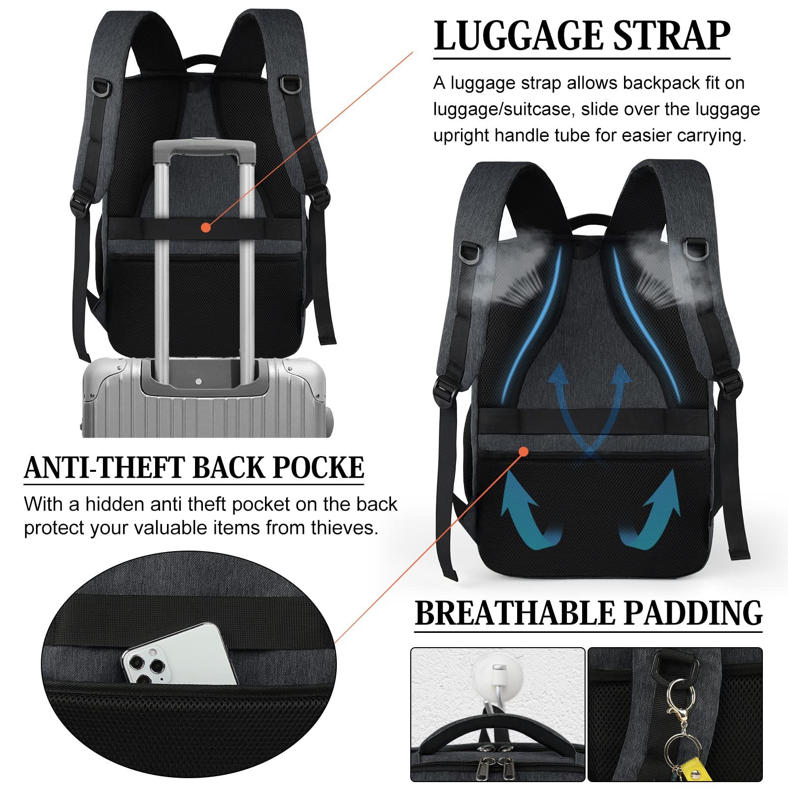 anti theft travel backpack with luggage sleeve and breathable padded back support