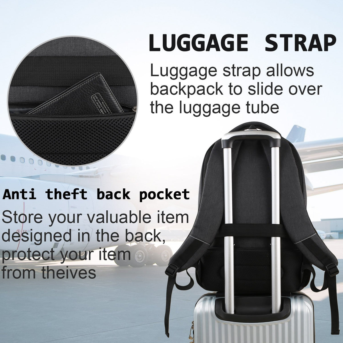 anti theft travel backpack with luggage strap and hidden back pocket