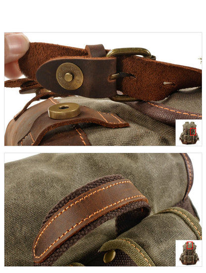 antique brass hardware and leather buckle detail on canvas rucksack backpack