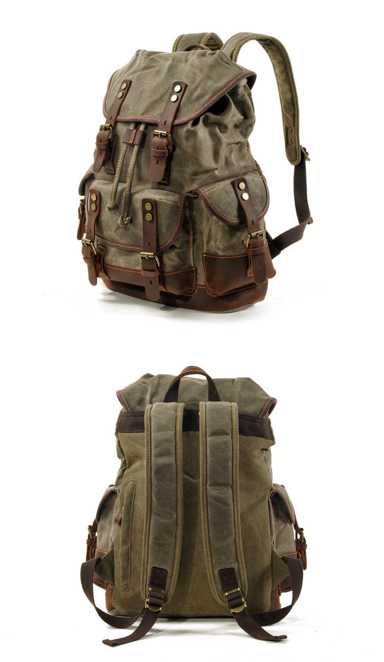 army green canvas backpack with leather accents for outdoor travel and hiking 02