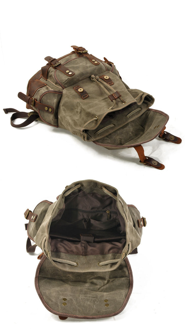 army green canvas backpack with leather accents for outdoor travel and hiking inner