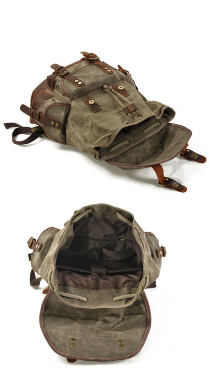 army green canvas backpack with leather accents for outdoor travel and hiking inner