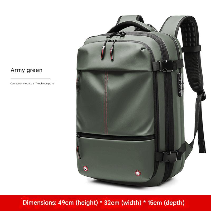 army green travel backpack with vacuum compression compartment and expandable design