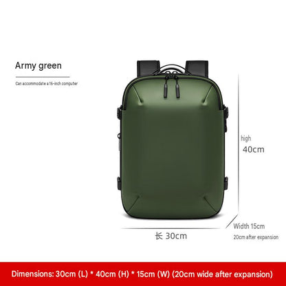 army green vacuum compression travel backpack with expandable body and 16-inch laptop capacity