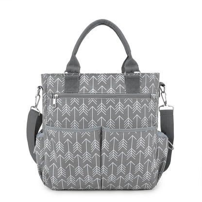 gray arrow pattern polyester diaper bag tote with dark gray handles front zipper storage and side bottle pockets