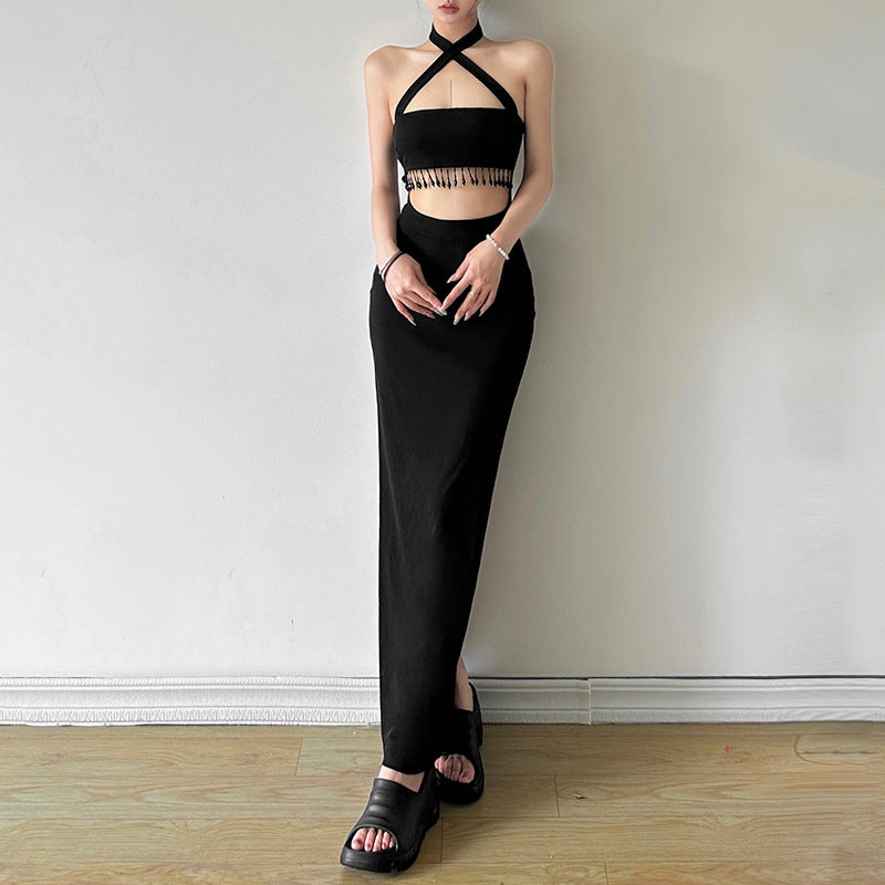 2024 Summer New Women's Sexy Navel Fashion Tie Cross Backless Slim Fit Dress