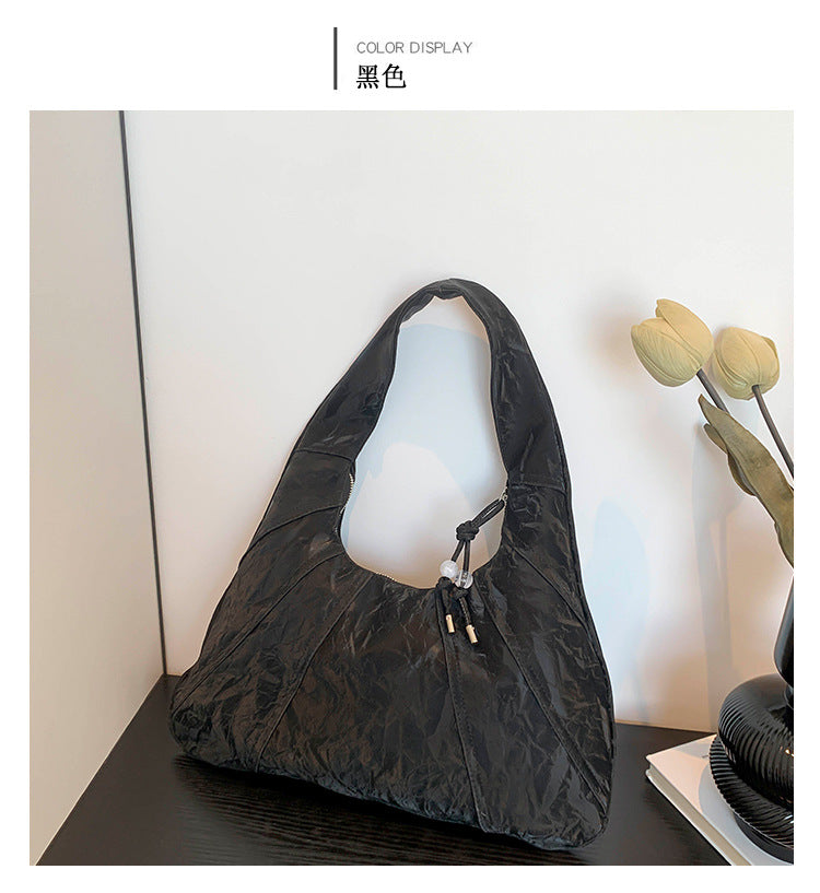 2024 New Fashion Solid Color Casual Simple Commute Large Capacity Shoulder Bag Tote Bag Underarm Bag Pleated All-Matching