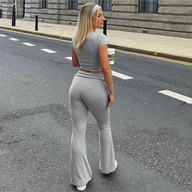 2024 Summer New Women's Slim Fit Crop-Top Short Sleeve T-shirt High Waist Hip Wide Leg Pants Suit