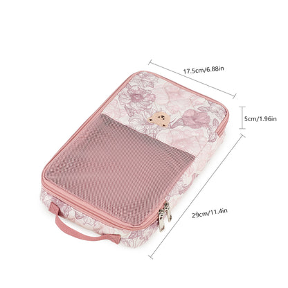 baby clothes organizer pouch dimension guide showing 29 cm length 17.5 cm width and 5 cm depth with carry handle and zipper