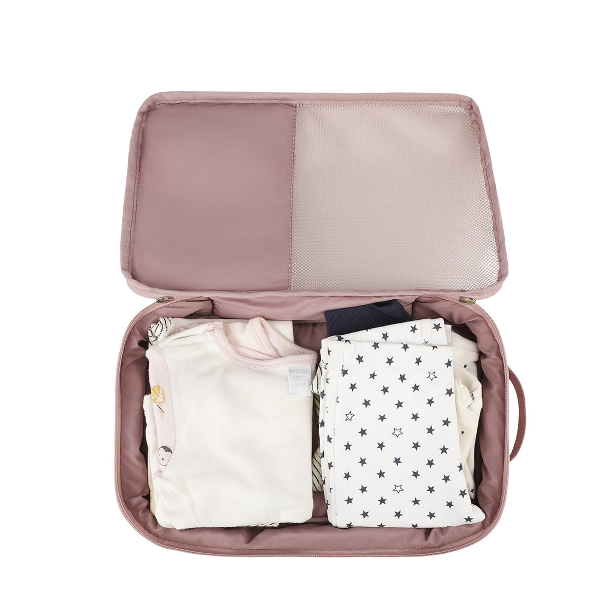 open baby clothes packing pouch showing folded infant outfits stored inside the main compartment and mesh panel in the lid
