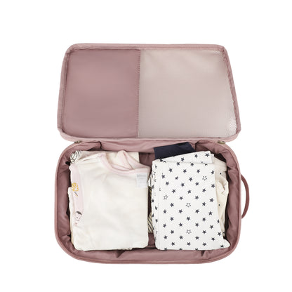 open baby clothes packing pouch showing folded infant outfits stored inside the main compartment and mesh panel in the lid