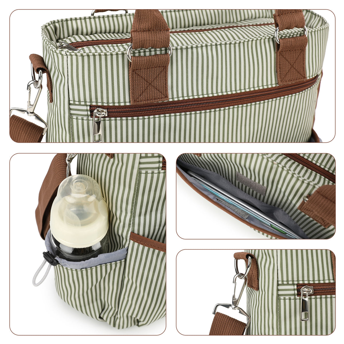 baby diaper bag tote detail views showing reinforced top handles adjustable bottle pocket rear slip storage and metal strap clips