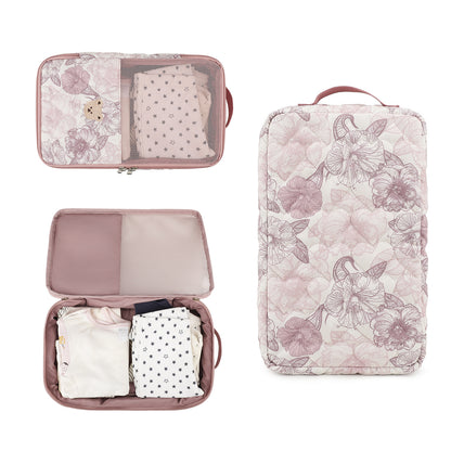 baby travel organizer pouch showing mesh storage panel open main compartment filled with baby clothes and floral back panel
