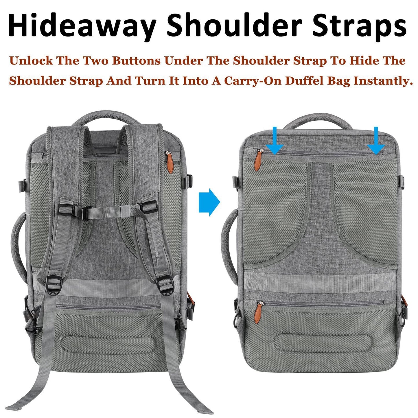 travel backpack with hideaway shoulder straps and carry handle conversion design
