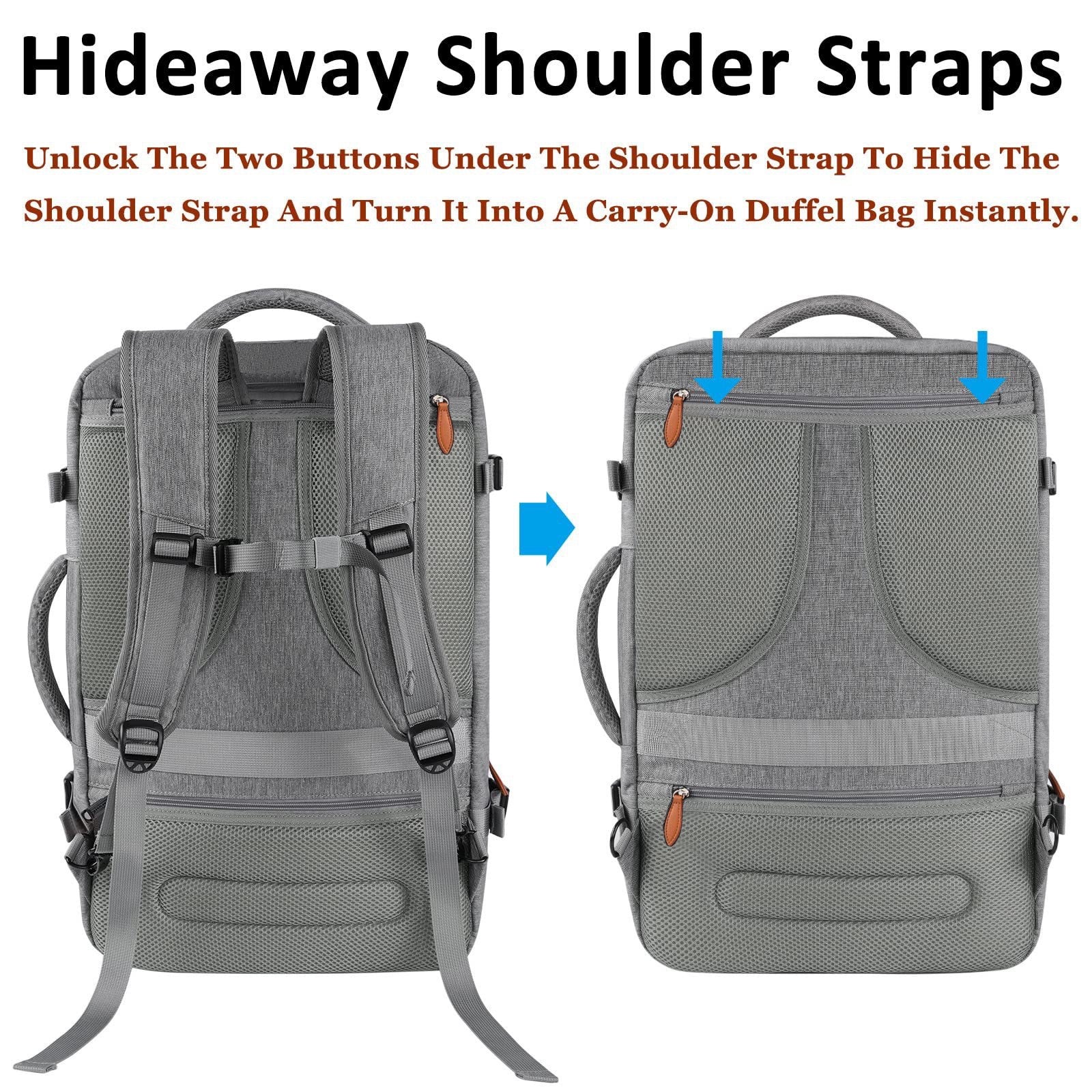 travel backpack with hideaway shoulder straps and carry handle conversion design