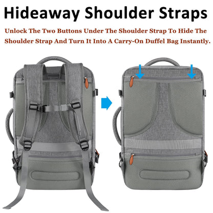 travel backpack with hideaway shoulder straps and carry handle conversion design