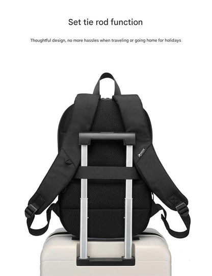 backpack with luggage sleeve secured to suitcase handle for business travel