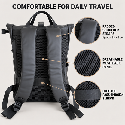 pu travel backpack rear view showing padded shoulder straps breathable mesh back panel and luggage pass through sleeve