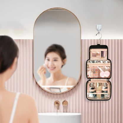 hanging toiletry bag used in bathroom for travel cosmetics storage