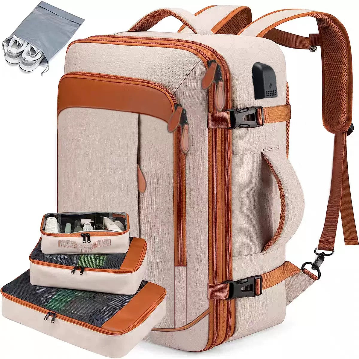 beige carry on travel backpack with modular packing system