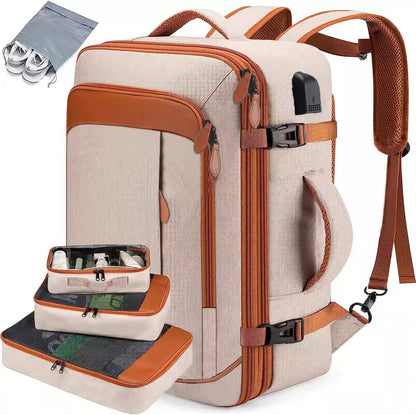 beige carry on travel backpack with modular packing system
