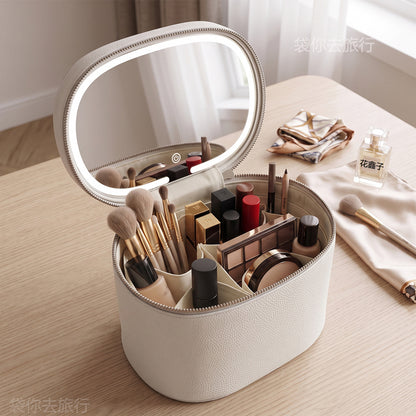 beige makeup brush organizer case with divided interior lipstick holders and open mirror lid