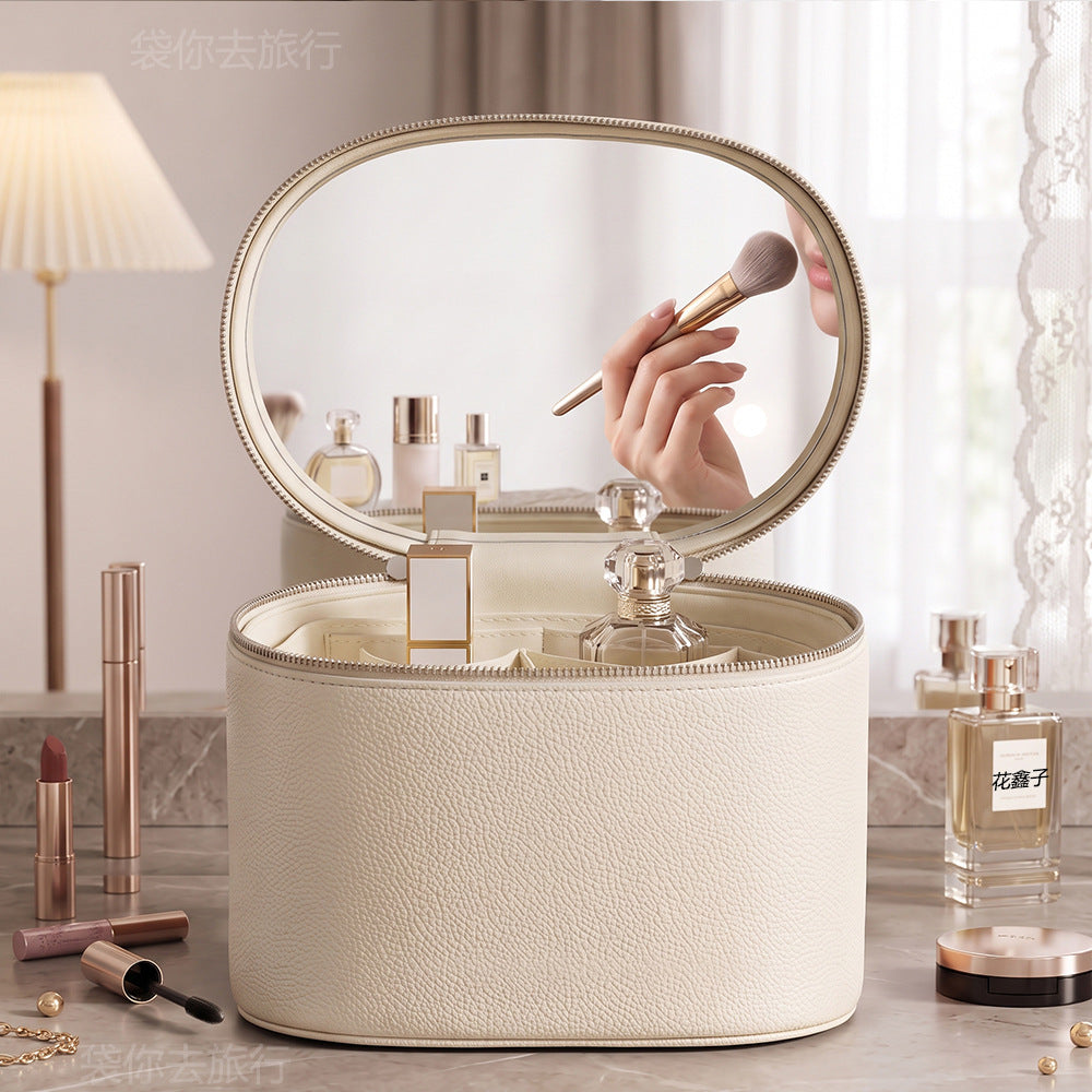 beige makeup organizer case with oval lid mirror and zippered structured body